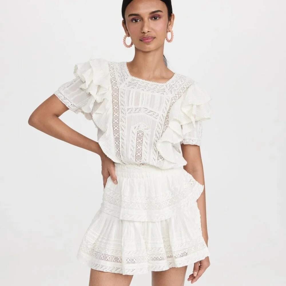 LoveShackFancy Dress Women Small White Stella Ruffle Lace Mini Short Sleeve